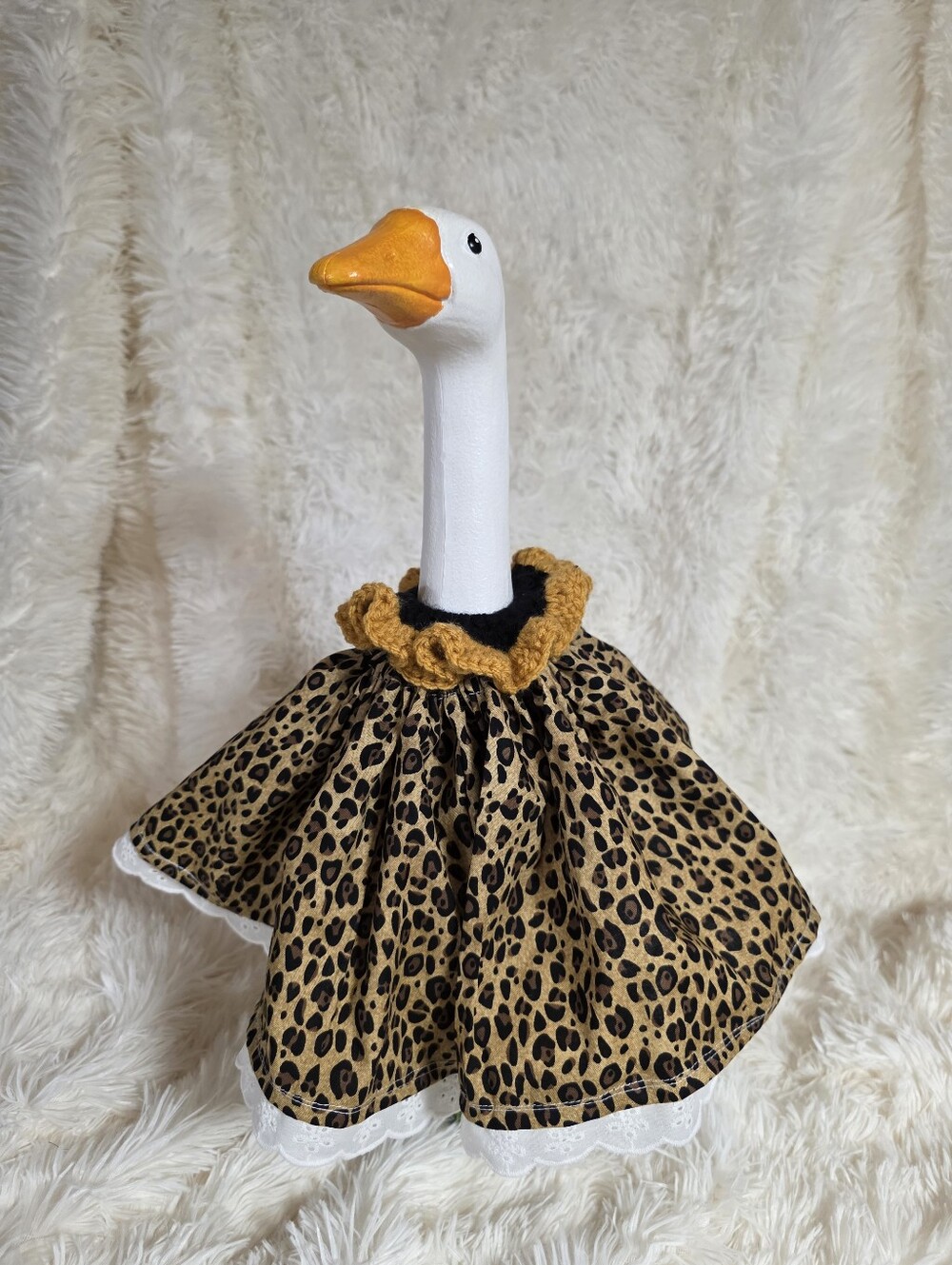 19"Handmade Leopard Print Goose Dress with Crochet Collar